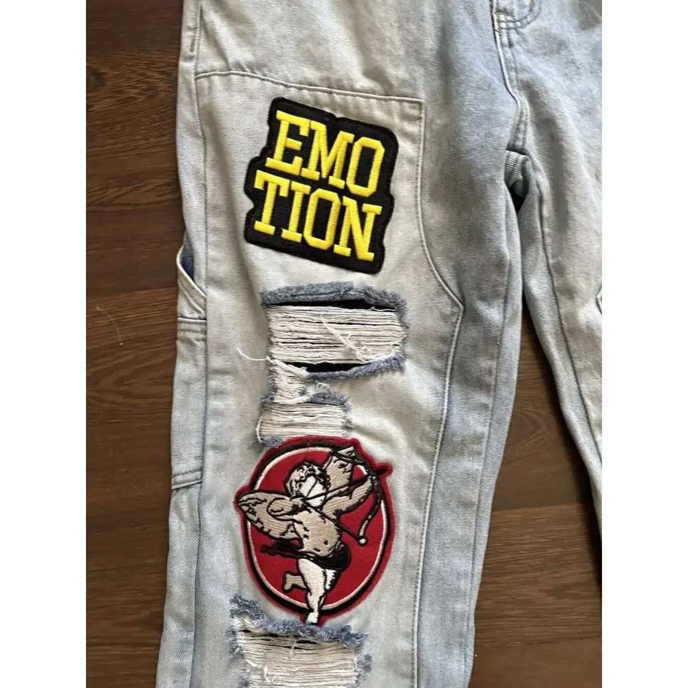 Mixed Emotion “Worker” Jeans Patchwork Graphic Light Wash Streetwear Denim 34/35